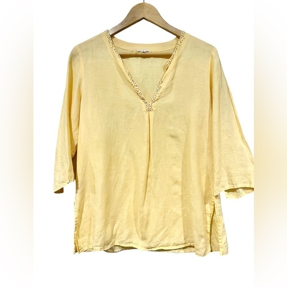 Eileen Fisher Size XS Irish Linen Yellow 3/4th Sleeve Top Sequin Neck Line Tunic - Picture 2 of 9